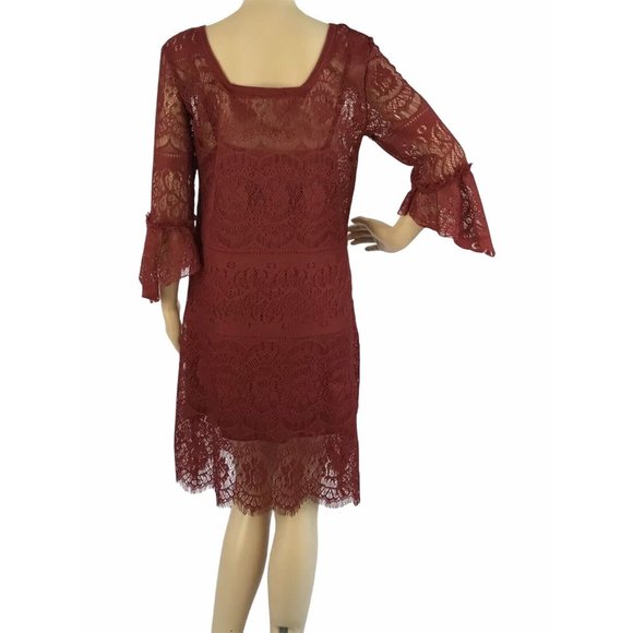 Queens Love Shift Dress M Red Lace Witchy Boho Peasant 3/4 Bell Sleeve Slip NWT - Picture 6 of 12